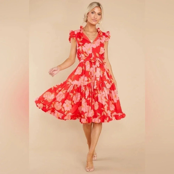 Mason Baker JUST THE HIGHLIGHTS RED FLORAL PRINT MIDI DRESS Size Small - Picture 2 of 10